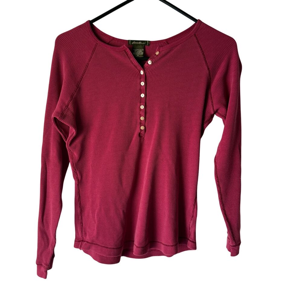 Eddie Bauer Waffle‎ Knit Henley Top Berry Pink Long Sleeve Y2K Size M